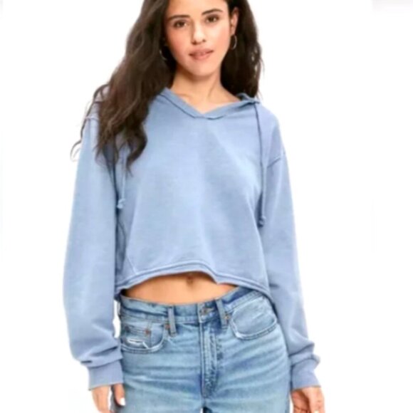 American Eagle Cropped Oversize French Terry V-Neck Hoodie XS Blue #319i - Picture 1 of 16